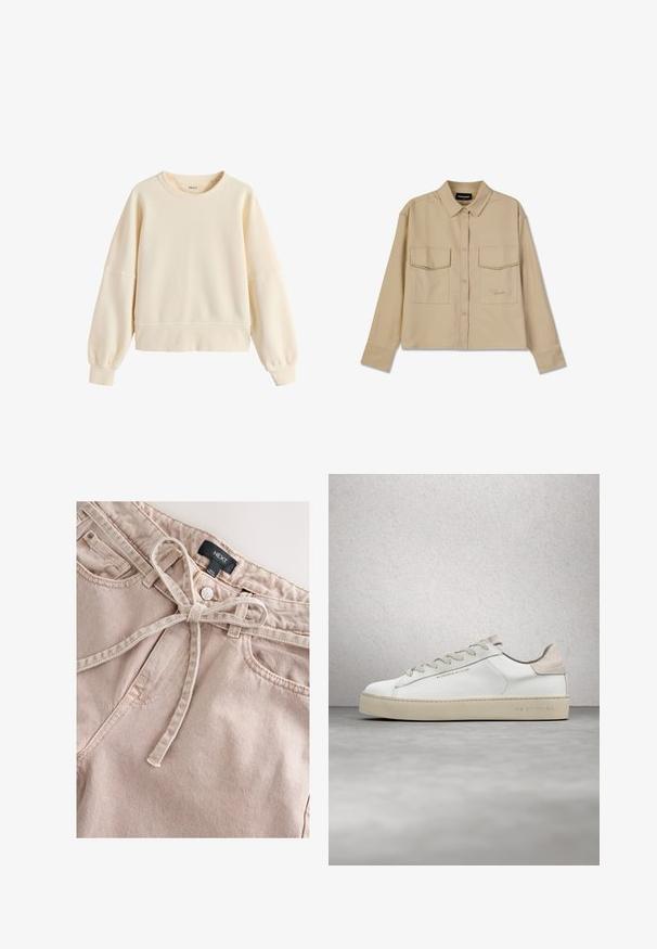 Sweat-shirt couleur crème avec col rond, manches longues ballon et poignets et bas côtelés, style décontracté simple.; Chemise beige à manches longues en tissu doux, dotée d'une fermeture à boutons, de deux poches poitrine et d'un ourlet droit. Broderie discrète du logo à l'avant.; Pantalon en denim rose clair avec une ceinture à nouer, doté d'un bouton à l'avant, de passants pour ceinture et de deux poches avant, présentant un tissu texturé.; Sneaker en cuir blanc avec une finition lisse, accents en suède beige, bout arrondi, design à lacets plats et semelle en caoutchouc texturée.