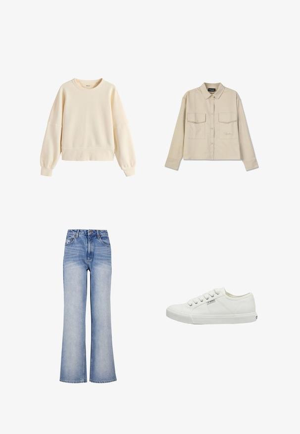 Kremfarvet sweatshirt med rund halsudskæring, lange ballonærmer og ribstrikkede manchetter og kant, enkel casual stil.; Beige knap-up skjorte med krave, lange ærmer og to brystlommer. Har broderet logo og en glat, blød tekstur.; Lys blå denim bred-benede jeans har høj talje, knaplukning, diskret slidmærker og et klassisk fem-lomme design.; Hvid kanvas sneakers med rund tå, seks snørrehuller, teksturerede sidepaneler og gummisål. Lille mærkelogo på siden.
