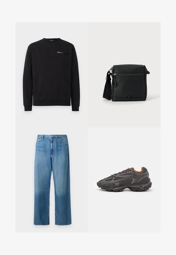 Sort sweatshirt lavet af en blanding af bomuldsstof. Har en rund halsudskæring, lange ærmer, ribbede manchetter og et tonet "KARL LAGERFELD" logo på brystet.; Lyseblå vidde bukser i denim. Har en midtalje, fem-lomme design og en falmet vask med synlige syninger.; Lacoste sneakers i mørkegrå med mesh og syntetisk materiale, udstyret med en tekstureret sål og brune accenter på kraven og brandingen.; Sort crossbodytaske i blødt, mat materiale med en lynlåslomme foran, logodetalje og justerbar rem. Kompakt rektangulær form.
