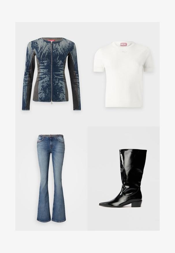 Valge lühikese varrukaga T-särk, mis on valmistatud pehmest kangast, ümarate kaelusega ja väikese hõbedase logoga rinnal. Sile tekstuur.; Denim jean jope, mis on sinise ja halli segu, millel on tõmblukuga esiosa, pikad varrukad ja ainulaadne abstraktne muster. Tekstuuriga kangas.; Heledad helesin sinised flared teksad, millel on keskmise tõusuga vöökoht, viietasku design ja kontrastõmblused taskute ääres.; Mustmust musta viskoosne põlvini saapad terava nina, veidi kitseneva kontsaga ja siledast, läikivast viimistlusest.