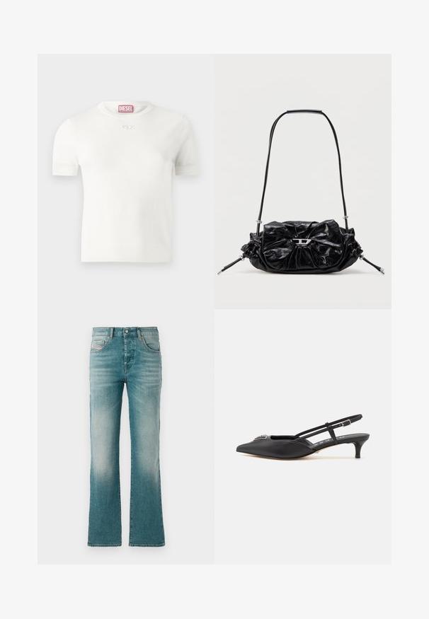 T-shirt blanc à manches courtes en tissu doux, avec un col rond et un petit logo argenté sur la poitrine. Texture lisse.; Jean en denim bleu clair avec une coupe évasée, dotés de poches avant et d'un délavage pour un aspect usé.; Chaussures noires à talon slingback avec un bout pointu, en matériau lisse, dotées d'un petit talon et d'un accent décoratif en argent sur le dessus.; Sac à main en cuir noir avec un design froncé et un détail en forme de nœud sur le devant. Dispose d'une poignée courte et d'accents de quincaillerie argentée.