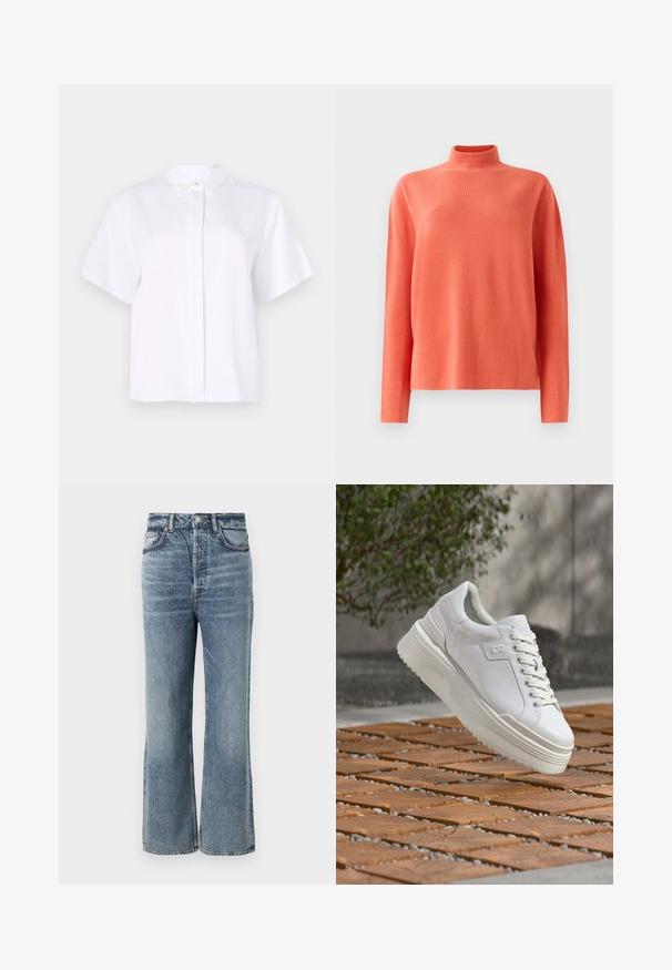 Pull en maille corail à manches longues avec col montant et coupe décontractée, présenté sur un fond blanc.; Chemise blanche à manches courtes en tissu lisse, dotée d'un col pointu et d'une patte de boutonnage avec un bouton d'accent vert.; Jeans taille haute bleu clair avec une coupe évasée, finis avec un léger délavage, design à cinq poches et matériel en métal pour le bouton.; Baskets blanches à semelle plateforme avec lacets flottant au-dessus d'une surface en bois carrelée, avec de la verdure et un mur en béton en arrière-plan.
