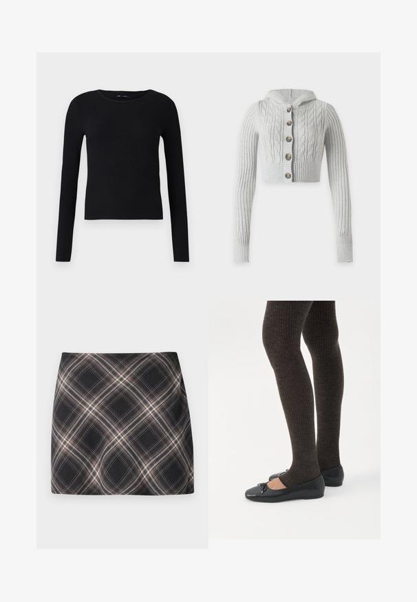 Cárdigan corto tejido de color gris claro con capucha, patrones de trenzas y canalé, y cinco botones marrones en la parte delantera.; Camiseta de manga larga de punto negro con escote redondo. Hecha de una tela suave y elástica, presenta una silueta ajustada y detalles mínimos.; Minifalda a cuadros en negro y beige con patrón de cuadros diagonal, cintura ajustada y textura de tela suave.; Piernas con leggings oscuros acanalados combinados con bailarinas negras que presentan pequeños detalles de lazo sobre un fondo blanco.