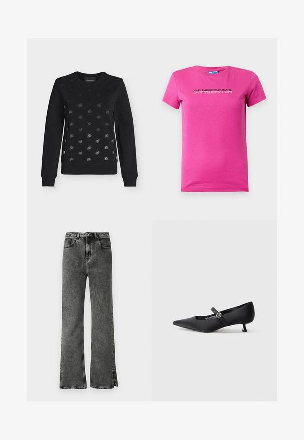 Zwarte sweatshirt met lange mouwen en kleine herhalende zilveren logopatronen aan de voorkant en geribde boorden en zoom.; Roze katoenen T-shirt met een ronde hals, korte mouwen en een zwart logo ontwerp op de voorkant, met een strak, modern lay-out.; Zwarte flared jeans met een vervaagde wassing, hoge taille en zijopeningen aan de zoom. Gemaakt van denim met een soepele textuur en een klassiek vijf-pocket ontwerp.; Zwarte satijnen pump met spitse neus, een lage kittenheel en een zijband met een ronde zilveren accent. Glad oppervlak, gestroomlijnd ontwerp.