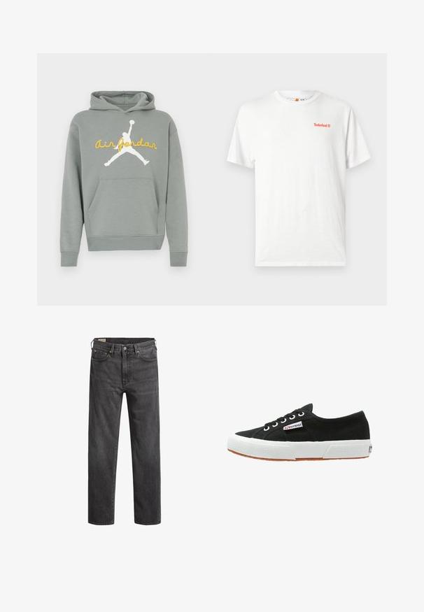 Grijze hoodie van zacht stof, met een witte silhouetafbeelding en gele "Air Jordan"-tekst aan de voorkant. Voorzien van een kangoeroezak.; Wit T-shirt met korte mouwen en ronde hals, met een klein oranje Timberland-logo op de linkerborst, weergegeven op een effen lichte achtergrond.; Donkergrijze spijkerbroeken met rechte pijpen, vijf zakken en koperen klinknagels. Klassiek ontwerp met een licht vervaagde textuur.; Zwarte canvas sneakers met een witte rubberen zool en een bruine gumzool. Voorzien van een ronde neus, vetersluiting en een klein logo-label aan de zijkant.