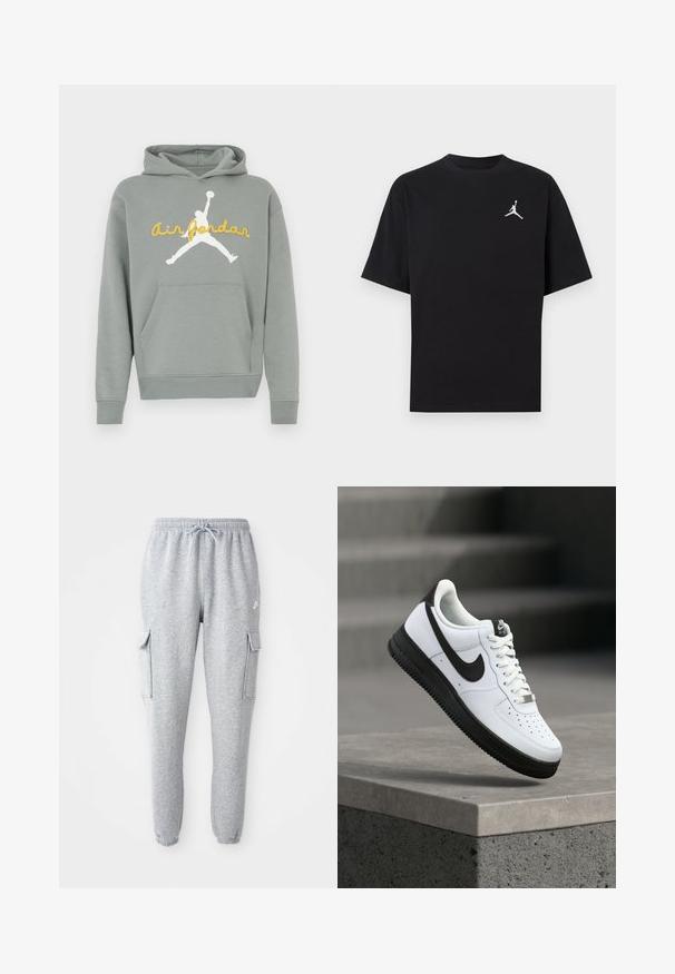 Grijze hoodie van zacht stof, met een witte silhouetafbeelding en gele "Air Jordan"-tekst aan de voorkant. Voorzien van een kangoeroezak.; Zwart katoenen T-shirt met korte mouwen, voorzien van een wit Jumpman-logo op de linkerborst. Ronde halslijn, reguliere pasvorm en een gladde textuur.; Grijze sweatpants van zachte stof, met een elastische tailleband met trekkoord, twee zijzakken en taps toelopende boorden.; Witte leren sneaker met zwarte accenten, afgeronde neus en geperforeerde details. Zwarte rubberen zool met een gestructureerd patroon en vetersluiting.
