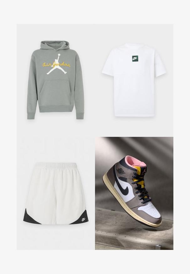Grauer Hoodie aus weichem Stoff, mit einer weißen Silhouettengrafik und gelbem "Air Jordan"-Schriftzug auf der Vorderseite. Mit Kängurutasche ausgestattet.; Weißes Nike-T-Shirt mit kurzen Ärmeln, versehen mit einem kleinen grünen quadratischen Logo, das den Nike-Swoosh und Text in der Brustmitte zeigt.; Weiße Sportshorts mit elastischem Bund und schwarzen dreieckigen Einsätzen nahe den Beinöffnungen, mit einem weißen Nike-Logo auf der rechten Seite.; Hohe Nike Air Jordan Sneaker in Weiß, Grau und Schwarz mit pinkem Innenfutter und gelber Zunge, auf einer Betontfläche platziert.