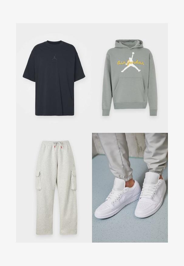 Sudadera con capucha gris hecha de tela suave, con un gráfico de silueta blanca y texto amarillo "Air Jordan" en el frente. Incluye un bolsillo canguro.; Camiseta de algodón negra con un corte holgado, cuello redondo, mangas cortas, que presenta un logo sutil y el texto "AIR" encima del logo en el centro.; Pantalones de chándal gris claro con cintura elástica, cordón con puntas rojas y grandes bolsillos con solapa en ambos muslos.; Las zapatillas deportivas de cuero blanco cuentan con una caja de dedos perforada, cordones planos, un cuello acolchado y el logo de Jordan en la lengüeta. Las llevan puestas con pantalones joggers grises.