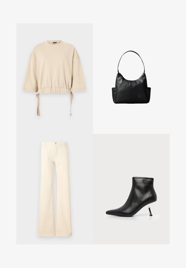Beige verkürzter Sweatshirt aus weichem Material. Mit weiten Ärmeln, einem gerafften Bund mit Bindebändern und einem runden Ausschnitt.; Cremfarbene ausgestellte Jeans mit glatter Textur, ausgestattet mit zwei Gesäßtaschen und einer vorderen Knopfverschluss. Gerade Passform mit hoher Taille.; Schwarzer Leder-Stiefelette mit spitzer Zehenpartie und glänzendem silbernem Stiletto-Absatz auf weißem Hintergrund.; Schwarze Leder-Umhängetasche mit einem einzelnen Schulterriemen, Seitentaschen und einem dezent geprägten Calvin Klein-Logo vorne unten rechts.
