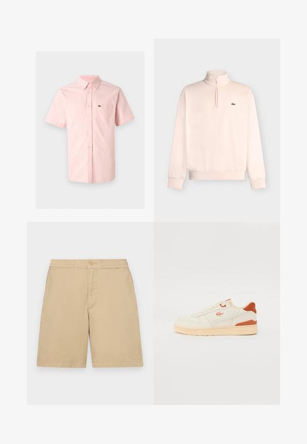 Pull rose clair à manches longues avec une courte fermeture éclair à l'avant et petit logo crocodile vert sur la poitrine gauche.; Chemise rose pâle à manches courtes avec col pointu et poche poitrine ornée d'un petit logo crocodile vert.; Shorts en coton beige avec une coupe régulière, taille élastique, fermetures à boutons et poches latérales. Texture lisse, design à mi-cuisses.; Baskets en cuir blanc avec semelle beige clair et accent orange. Dotées d'un bout rond, d'un laçage à l'avant et d'un détail logo sur le côté.