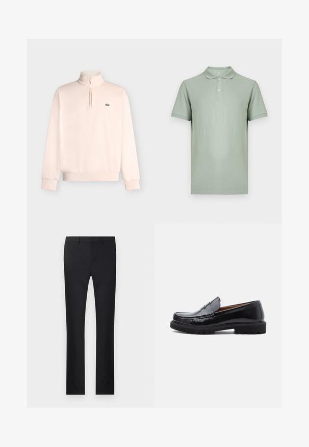 Lichtroze trui met lange mouwen, korte rits aan de voorkant en klein groen krokodillenlogo op de linkerborst.; Lichtgroen poloshirt met korte mouwen, twee knopen en een klassieke kraag, weergegeven op een witte achtergrond.; Zwarte broek met een rechtlopende pasvorm, gemaakt van soepel materiaal. Voorzien van zakken aan de voorkant, een knoopsluiting en riemlussen.; Zwarte leren penny loafer met chunky rubberen zool en moc-toe stiksel, in profiel weergegeven op een witte achtergrond.