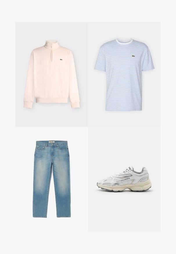 Lichtroze trui met lange mouwen, korte rits aan de voorkant en klein groen krokodillenlogo op de linkerborst.; Witte en lichtblauwe gestreepte korte mouwen T-shirt van katoen, met een klein groen Lacoste-logo op de linkerkant van de borst.; Lichtblauwe denim jeans met een recht gesneden ontwerp, vijf zakken en een licht vervaagde wassing. Voorzien van zilverkleurige hardware en een merklabel op de tailleband.; Witte sportieve schoenen met grijze accenten, bovenwerk van mesh en synthetisch materiaal, vetersluiting en een geprofileerde rubberen zool met looppatronen.
