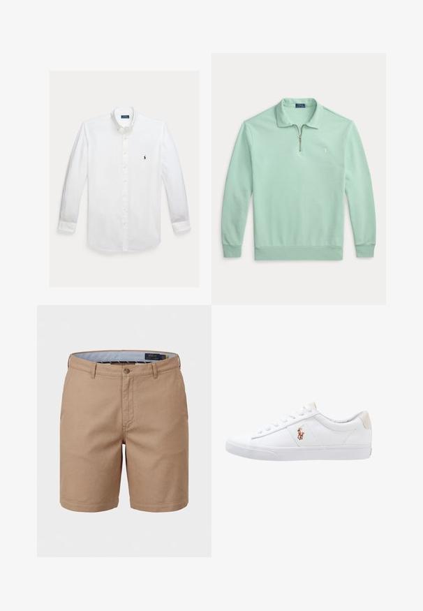 Lichtgroene polo met lange mouwen, een kraag met een kwart ritssluiting en een klein geborduurd logo op de linkerborst.; Witte blouse met lange mouwen, knoopsluiting, kraag en klein marineblauw Polo Ralph Lauren-logo geborduurd op de borst.; Beige chino shorts voor mannen met riemlussen, een knoopsluiting aan de voorkant, zijzakken en een merklogo aan de binnenband, van Polo Ralph Lauren.; Witte canvas sneakers met een laag ontwerp, featuring een beige hieltab en een klein geborduurd logo aan de zijkant. Rubber zool.