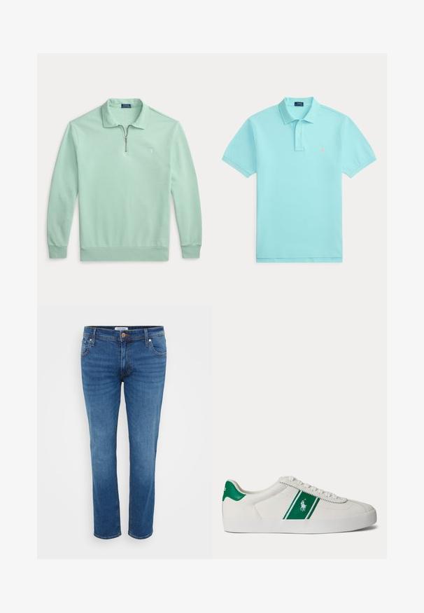 Hellgrünes Langarm-Poloshirt mit Viertel-Reißverschluss am Kragen und kleinem gesticktem Logo auf der linken Brust.; Hellblaues Polohemd mit kurzen Ärmeln, Kragen und zwei Knöpfen, mit einem kleinen rosa bestickten Logo auf der linken Brust.; Jeans aus Denim in einem mittleren Blauton, mit einem geraden Bein Design, fünf Taschen-Stil und einem Knopfverschluss an der Taille.; Weißer Sneaker in Low-Top-Form mit grünem Streifen und Polo-Logo an der Seite, grünem Fersenlaschen und weißen Schnürsenkeln, von der linken Seite vor neutralem Hintergrund dargestellt.