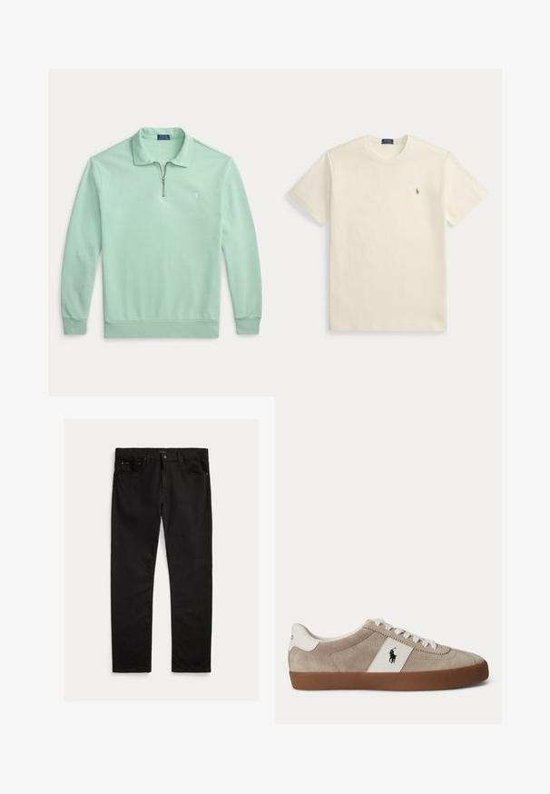 Vaaleanvihreä pitkähiha polosärkkä, jossa on neljännesvetoketjukaulus ja pieni kirjailtu logo vasemmalla rinnalla.; Kermanvärinen lyhythihainen Polo Ralph Lauren -t-paita pyöreällä pääntiellä ja pienellä kirjotulla logolla vasemmassa rinnassa.; Mustat farkut, joissa on suora lahje, viisi taskua ja hienovarainen tekstuuri. Metallinen nappi ja vetoketju kiinnitys.; Beigen värinen mokkanahkainen matalan mallinen lenkkari, jossa valkoiset kengännauhat, valkoinen nahkakoristelu mustalla hevosen logolla ja ruskea kumipohja.