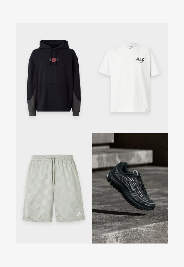 Haut à capuche noir avec une poche kangourou à l'avant. Présente des accents gris contrastants sur les manches et un petit logo graphique rouge sur la poitrine.; T-shirt blanc à manches courtes avec logo noir "ACG" et texte "FOR OUTDOOR USE" sur la partie supérieure gauche de la poitrine.; Umbro FOOTBALL SHORT - Pantalon de survêtement - harbor mist; Baskets Nike Air Max noires et grises flottant au-dessus de marches en béton gris avec un fond de sol texturé.