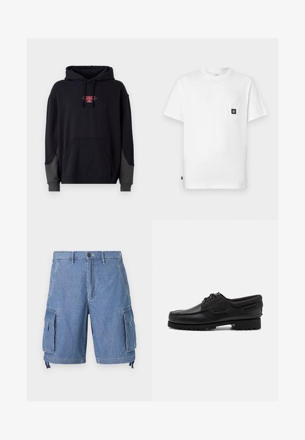 Sort hættetrøje med en frontkængurulomme. Har kontrasterende grå detaljer på ærmerne og et lille rødt grafisk logo på brystet.; Hvid bomulds T-shirt med rund halsudskæring, korte ærmer og en brystlomme med en sort logopatch. Glat tekstur, løs pasform.; Blå denim cargo shorts med knaplukning, to forlommer og to store sidelommer med klap. Inkluderer justerbare snore ved kanten.; Sort sko med overdel i læder, tekstilaccentuer, runde snørebånd og en tekstureret gummisål. Udstyret med mokkasinsyning og branddetalje.