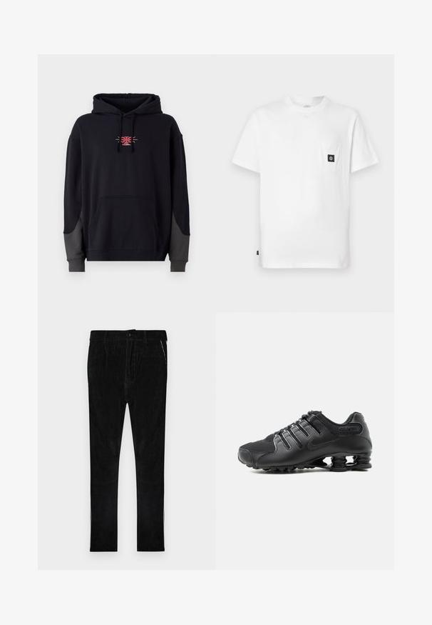 Sudadera negra con un bolsillo canguro en la parte delantera. Presenta acentos grises contrastantes en las mangas y un pequeño logotipo gráfico rojo en el pecho.; Camiseta blanca de algodón con cuello redondo, mangas cortas y un bolsillo en el pecho con un parche de logo negro. Textura suave, ajuste relajado.; Pantalones de pana negra con estrías verticales, que cuentan con cierre clásico de botón y cremallera, bolsillos laterales y piernas de corte recto.; Zapatilla deportiva negra con parte superior texturizada, cierre de cordones y distintivo soporte de suela tipo resorte visible sobre un fondo blanco.