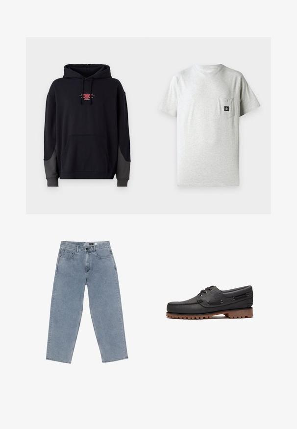 Zwarte hoodie met een kangaroo-zak aan de voorkant. Kenmerkt zich door contrasterende grijze accenten op de mouwen en een klein rood grafisch logo op de borst.; Heren grijs katoenen t-shirt met een ronde hals, korte mouwen en een borstzak aan de linkerkant met een klein zwart logo-label.; Lichtblauwe denim wijde jeans met een knoopsluiting, vijf zakken en recht afgesneden benen. Zachte textuur, minimale vervaging en nette stiksels.; Zwart leren bootschoen met veters, ronde neus, gestructureerde bruine rubberen zool en gestikte leren zijkanten.