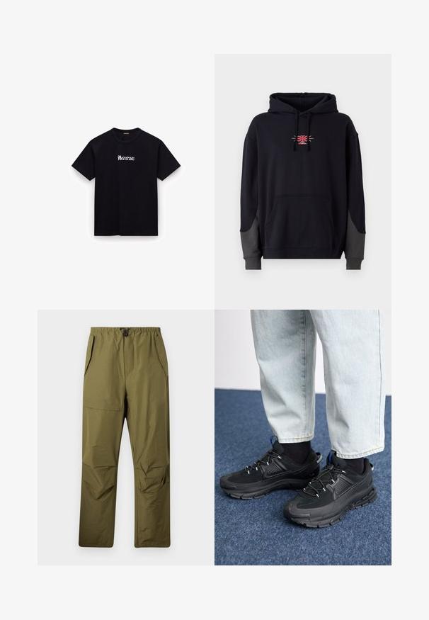 Sort hættetrøje med en frontkængurulomme. Har kontrasterende grå detaljer på ærmerne og et lille rødt grafisk logo på brystet.; Sort bomulds T-shirt med rund hals, korte ærmer og hvidt stiliseret tekstlogo på brystet. Glat tekstur, afslappet pasform.; Oliven grønne lige ben bukser med elastisk talje og snor, der har sidelommer og en flaplomme på højre lår.; Sorte træningssko med tekstureret stof og gummisåler, udstyret med elastiske snørebånd og en blå detalje på hælen. Bæres med lyse denimbukser.