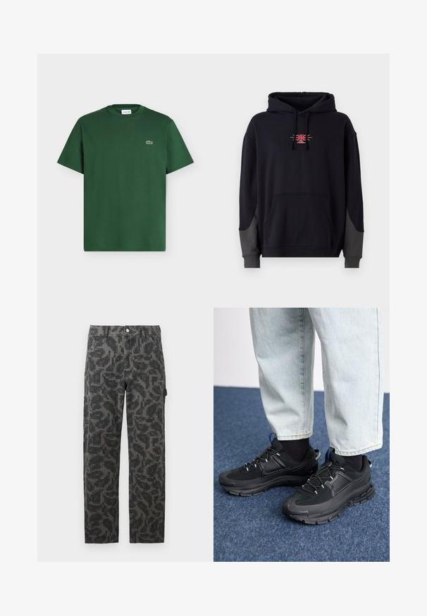 Sudadera negra con un bolsillo canguro en la parte delantera. Presenta acentos grises contrastantes en las mangas y un pequeño logotipo gráfico rojo en el pecho.; Camiseta de algodón de manga corta en verde oscuro con cuello redondo y pequeño logo del cocodrilo de Lacoste en el pecho izquierdo.; Pantalones rectos pixelados en negro y gris con bolsillos frontales y cierre de botón.; Zapatillas deportivas negras con tejido texturizado y suelas de goma, con cordones elásticos y un acento azul en el talón. Combinadas con pantalones de mezclilla claros.