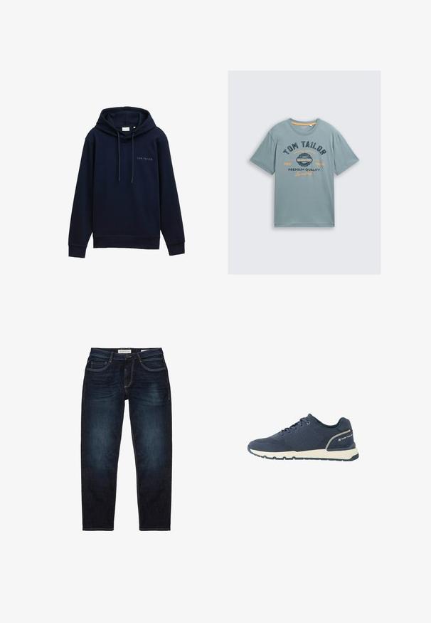 Sudadera con capucha azul marino hecha de tela suave con puños y dobladillo acanalados. Presenta un logo impreso en el frente. Cordones ajustables en la capucha.; Camiseta de algodón de color azul claro con mangas cortas. Presenta un texto gráfico en azul oscuro y naranja: "TOM TAILOR" y "CALIDAD PREMIUM". Cuello redondo simple.; Jeans de mezclilla azul oscuro con un ajuste estándar, que presentan una cremallera, cinco bolsillos y costuras amarillas en contraste. Textura suave en general.; Zapatilla deportiva azul marino con parte superior de malla, suela blanca, suela exterior negra y logo "Tom Tailor" en el contrafuerte del talón.