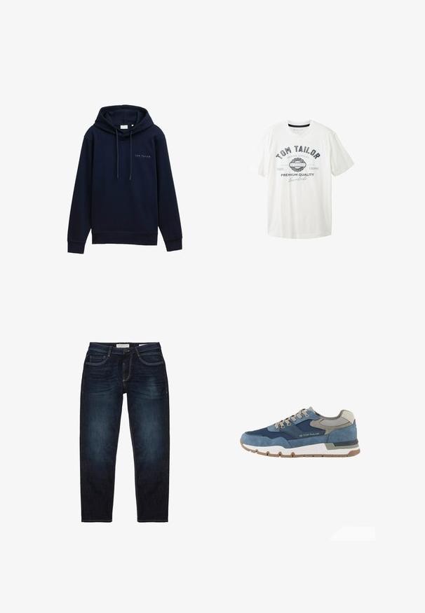 Sudadera con capucha azul marino hecha de tela suave con puños y dobladillo acanalados. Presenta un logo impreso en el frente. Cordones ajustables en la capucha.; Camiseta de algodón blanca con cuello redondo, mangas cortas y estampado gráfico en la parte frontal en negro y azul con el nombre de la marca "Tom Tailor."; Jeans de mezclilla azul oscuro con un ajuste estándar, que presentan una cremallera, cinco bolsillos y costuras amarillas en contraste. Textura suave en general.; TOM TAILOR LICENCE SNEAKER MIT -BLOCKING - Zapatillas - navy