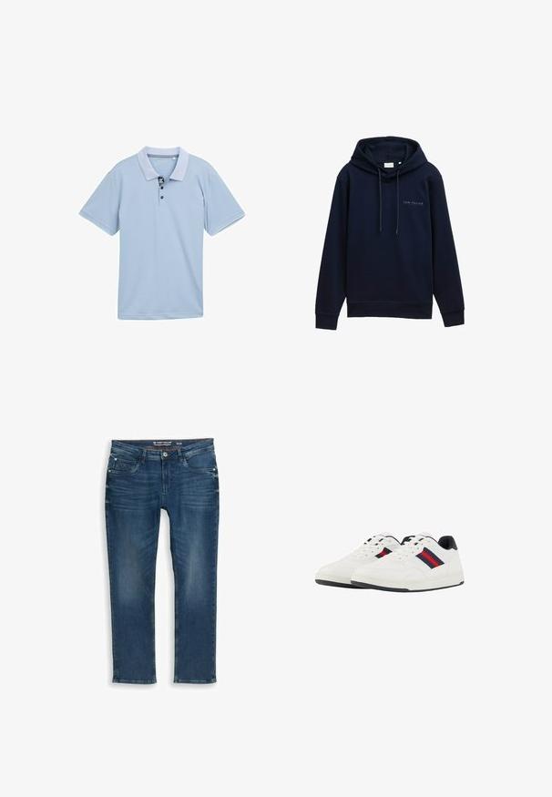 Marineblå hættetrøje lavet af blødt stof med ribstrikkede manchetter og kant. Har et logo trykt på forsiden. Justerbare snore i hætten.; Lyseblå polo-shirt med en tofarvet krave, tre-knaps placket og korte ærmer. Fremstillet af glat, åndbart stof.; Mørkeblå jeans med lige ben lavet af denim. Har forlommer og lynlås foran samt diskret falming og syningsdetaljer ved taljebåndet.; TOM TAILOR Sneakers - white navy