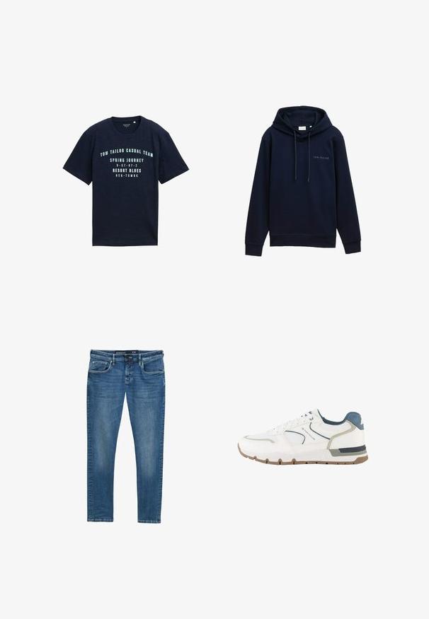 Marineblauwe hooded sweatshirt gemaakt van zachte stof met geribbelde manchetten en zoom. Voorzien van een logo op de voorkant. Verstelbare trekkoorden aan de capuchon.; Marineblauwe katoenen t-shirt met korte mouwen, ronde halslijn, met gedeeltelijk bedrukte witte tekst en cijfers op de voorkant in een casual ontwerp.; Blauwe spijkerbroek met een rechte pijp, vijf zakken, subtiele wassing op de bovenbenen en een taillebandlabel dat maat 31/32 aangeeft.; Witte en grijze sportschoen met blauwe accenten, meshstof en een bruine zool, met het merk "Tom Tailor" aan de zijkant.
