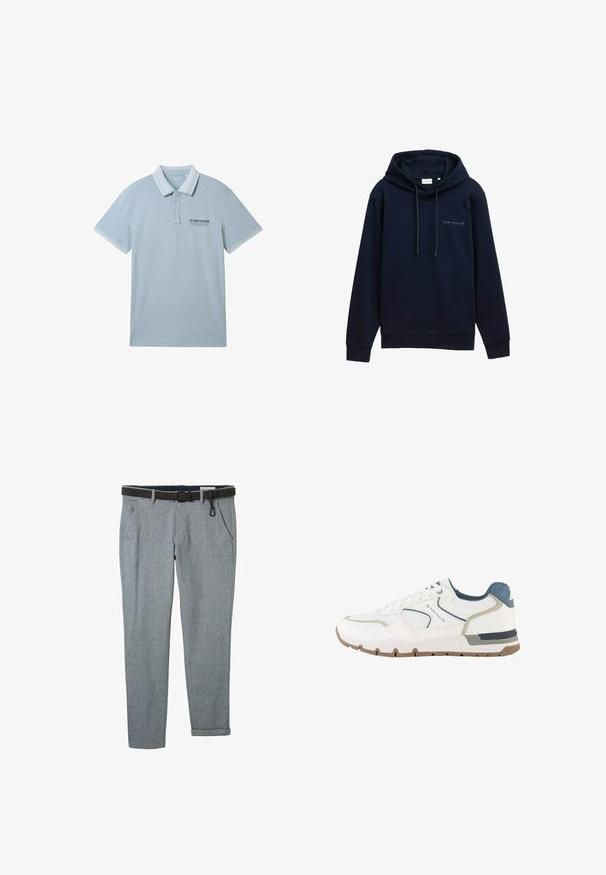 Marineblå hættetrøje lavet af blødt stof med ribstrikkede manchetter og kant. Har et logo trykt på forsiden. Justerbare snore i hætten.; Lysblå polo-shirt i blødt stof, med kravehals, to-knap placket og kontrasterende hvid kant på ærmer og krave.; Grå vævede bukser med et sort bælte, der har sidelommer og opsmøgede ankler. Stoffet har en subtil tekstur og klassisk pasform.; Hvid og grå atletisk sneaker med blå detaljer, mesh-stof og en brun sål, mærket med "Tom Tailor" på siden.