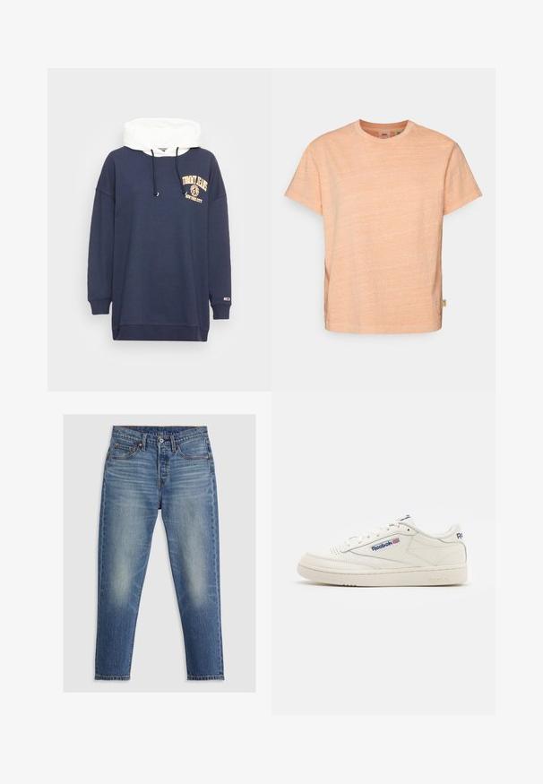 Mørkeblå oversized hættetrøje med hvid hætte, der har et gyldent logo og løvegrafik på brystet. Lavet af blødt stof med ribbede manchetter.; Lys ferskenfarvet t-shirt med korte ærmer lavet af blødt, tekstureret stof med en rund halsudskæring, der har et lille mærke på den nederste venstre side.; Lyseblå denim jeans med lige pasform, fem lommer, knaplukning og diskret falming på lårene. Kontraststing er synlige.; Hvide lædersneakers med en tekstureret gummisål, rund tå og Reebok-branding i blå. Minimalistisk design med syede detaljer.