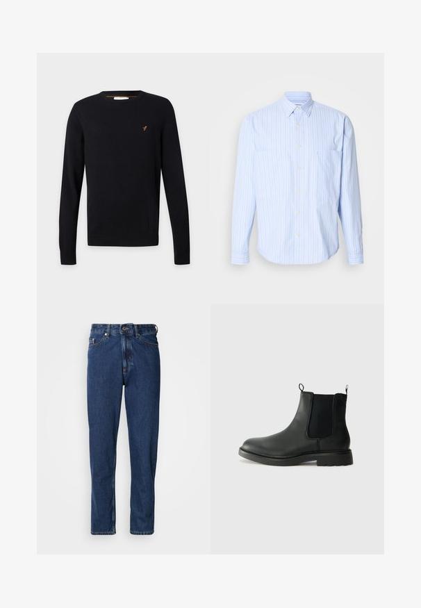 Sort rundhalset sweater med lange ærmer og en lille orange broderet fuglelogo på venstre bryst.; Lyseblå skjorte med knapper og lodrette striber i hvid og pastel farver, blødt bomuldsstof, to brystlommer og lange ærmer.; Mørkeblå jeans lavet af denim, med lige ben, fem-lommer stil og synlige syninger langs sømmene.; Sorte læder chelsea støvler med elastiske sidepaneler, trækflapper, rund tå og tekstureret gummisål. Glat overflade og robust design.
