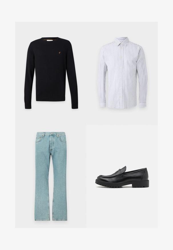 Sort rundhalset sweater med lange ærmer og en lille orange broderet fuglelogo på venstre bryst.; Libertine-Libertine BABYLON - Skjorter - black/sand; Lysblå denimjeans med lige ben-design, der har fem lommer og en knaplukning. Synlige sømme og frynsedetaljer i kanten.; Sorte læder loafers med rund tå, slip-on design og tyk gummisål med tekstureret greb. Forhøjet hæl og subtile syninger.