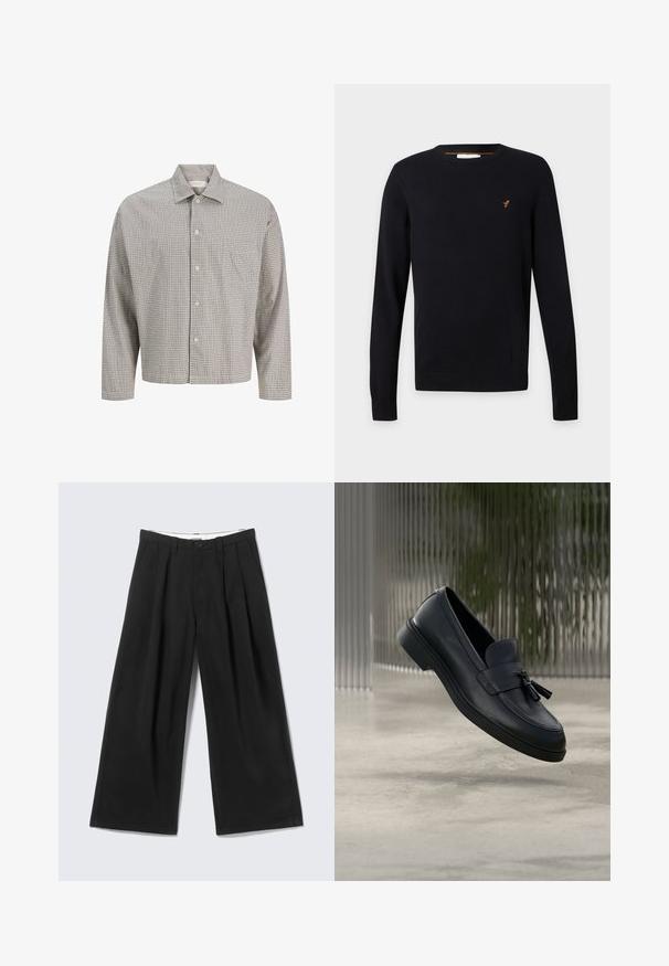 Pull noir à manches longues et col rond avec un petit logo oiseau orange brodé sur la poitrine gauche.; Chemise à carreaux à boutons dans des couleurs atténuées, dotée d'un col évasé, de manches longues, d'une poche poitrine et d'une coupe décontractée. Tissu en mélange de coton.; Pantalon noir à jambes larges avec plis, passants pour ceinture et fermeture par bouton, présenté sur un fond gris clair.; Mocassins en cuir noir avec une texture lisse, un bout arrondi et des pampilles décoratives à l'avant. Semelle en caoutchouc flexible avec un petit talon.