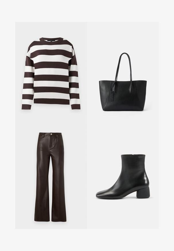 Brun og hvid stribet sweater, rund halsudskæring, strikket tekstur, brede horisontale striber, afslappet pasform med droppede skuldre.; Vero Moda Wide-leg VMTESSA High rise - Bukser - chocolate torte; Sort læderankelstøvle med afrundet firkantet tå, sidelås og chunky lav hæl på ensfarvet lys baggrund.; Sort læder tote taske med en struktureret overflade, forlænget form, to solide håndtag og et lille dekorativt mærke på siden.