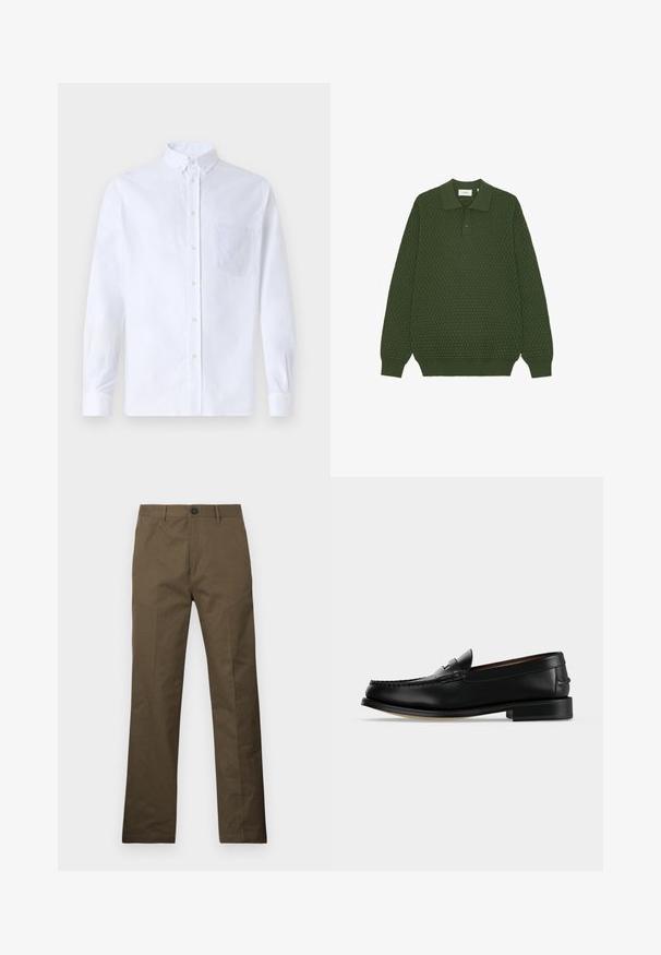 Pull polo vert foncé à manches longues avec motif en maille texturée, patte de boutonnage à deux boutons, poignets et ourlet côtelés, posé à plat sur fond blanc.; Chemise blanche à manches longues avec boutons en coton, présentant une poche poitrine avec broderie ton sur ton, un col et des poignets boutonnés.; Pantalon en coton brun à coupe droite, avec une fermeture à bouton et des poches latérales, exposé sur un fond blanc.; Mocassin homme en cuir noir avec un petit talon et une couture de style mocassin sur l'avant, vu de côté sur un fond uni.