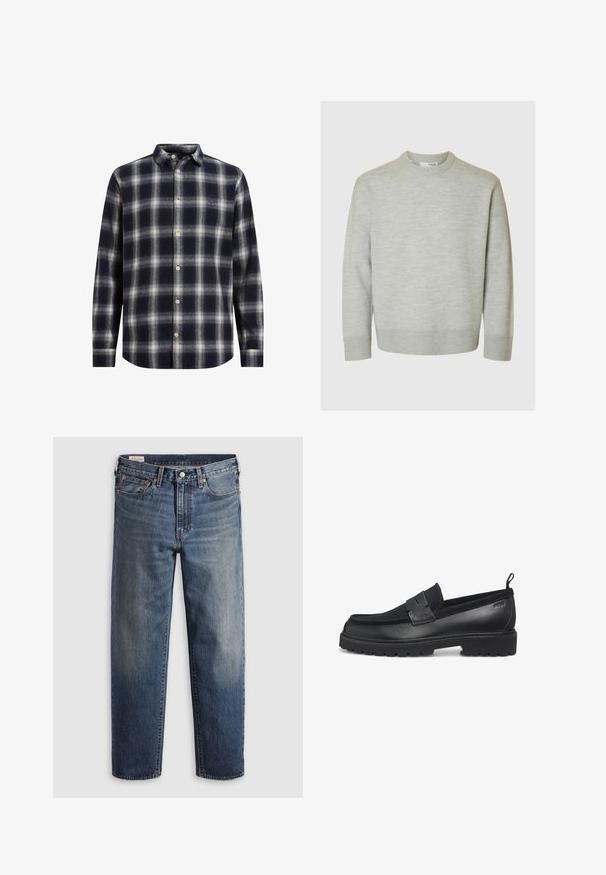 Lys grå striktrøje med lange ærmer, ribbede manchetter, nederste kant og rund halsudskæring.; Marineblå og cremeplaid flannel skjorte med knapkrave, lange ærmer og beige knapper; har en blød tekstur og en struktureret form.; Mørkeblå denimjeans med en afslappet pasform, lige ben, fem-lommer design og subtil falmen ved lårene. Sølvknap og nitter.; Sorte loafers med en glat læderoverdel, gummisål og teksturerede accenter på den øverste del. Har en syet kant og slip-on design.