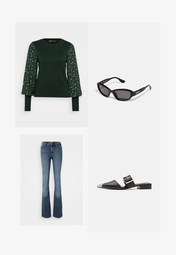 Grøn langærmet top med en tekstureret krop og puffy ærmer, der har spredte guldprikker. Rund halsudskæring og tætsiddende manchetter.; Bootcut jeans lavet af blåt denim. Har en mid-rise talje, fem lommer, diskrete syninger og et let falmet udseende på benene.; Sorte lædersandaler med spids tå, metallisk sølvhætte og justerbar spænde. Flad blokhælt for støtte.; Sorte solbriller med rektangulært stel, mørke linser, glat plastmateriale og en metalaccent på templet.