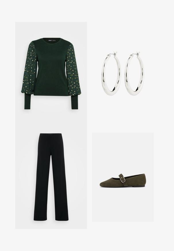Grøn langærmet top med en tekstureret krop og puffy ærmer, der har spredte guldprikker. Rund halsudskæring og tætsiddende manchetter.; Vero Moda Tall VMBERLIN ZAMIRA WIDE - Bukser - black; Æblegrøn ruskind Mary Jane flad sko med sølvspænde og rundet tå, vist på en hvid baggrund.; Sølvøreringe i form af hoops med en glat, blank finish. Cirkulær form, der har en sikker lås. Simpelt og elegant design.