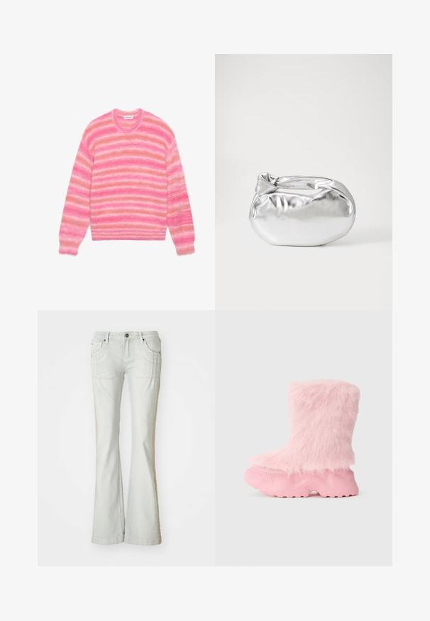 Pink gestreifter Pullover mit weichem, flauschigem Material in verschiedenen Pink- und hellpfirsichfarbenen Nuancen, runder Ausschnitt und langen Ärmeln.; Helle graue Jeans im Schlagstil mit Seitentaschen, die einen strukturierten beigen Streifen entlang der äußeren Naht aufweisen, Knopfverschluss und Gürtelschlaufen.; Klobige pinke Stiefel mit strukturiertem Absatz und weichem, flauschigem Kunstpelz, der den gesamten oberen Teil bedeckt.; Silberne metallic Pouch-Tasche mit einer sanften, abgerundeten Form und einem geknoteten Verschluss oben. Hergestellt aus glattem Kunstleder.
