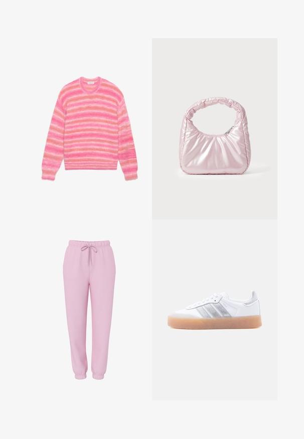 Suéter de rayas rosas con textura suave y esponjosa en diferentes tonos de rosa y melocotón claro, cuello redondo y mangas largas.; Pantalones de chándal tipo jogger rosa claro con cinturilla elástica, cordón ajustable, bolsillos laterales y puños elásticos, mostrados sobre un fondo blanco.; Zapatilla blanca de perfil bajo con suela de goma, acentos laterales plateados a rayas y cierre de cordones, mostrada sobre un fondo claro y liso.; Bolso de mano acolchado en color rosa con un diseño redondeado, fabricado en material brillante. Presenta un asa fruncida y un cierre de cremallera para un acceso seguro.