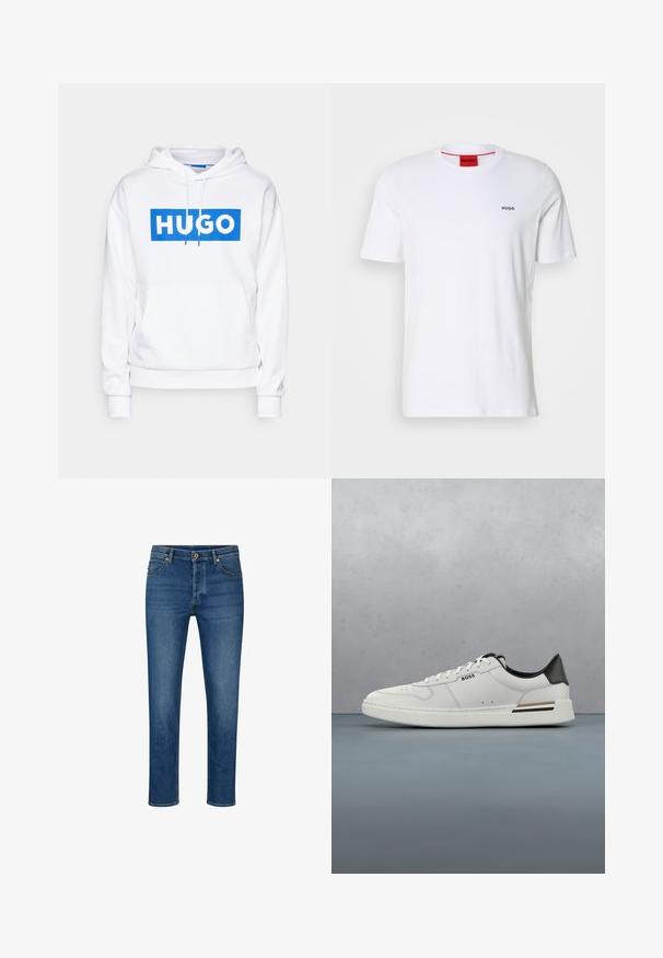 Witte hoodie met een voorste kangaroozak, voorzien van een blauwe rechthoekige grafiek met "HUGO" in vetgedrukte witte letters. Met trekkoorden aan de capuchon.; Witte katoenen t-shirt met korte mouwen, een ronde halslijn en een klein zwart "HUGO" logo op de linkerkant van de borst. Voorzien van een rood etiket aan de binnenkant van de hals.; Blauwe denim jeans met een rechte pasvorm, voorzien van vijf zakken, riemlussen en een knoopsluiting. Lichte wassing en contrasterende stiksels.; Witte lage sneaker met zwarte hiel, vetersluiting, subtiele perforaties en het "BOSS" logo aan de zijkant, getoond vanuit het zijprofiel.