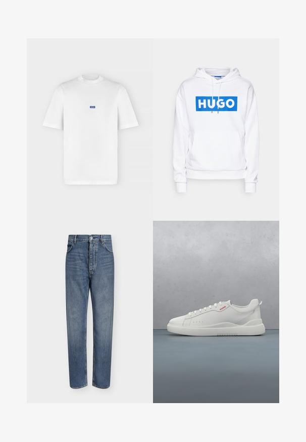 Haut à capuche blanc avec une poche kangourou à l'avant, arborant un graphique rectangulaire bleu avec "HUGO" en lettres blanches en gras. Cordon de serrage au niveau de la capuche.; T-shirt blanc à manches courtes et col rond avec un petit logo rectangulaire bleu "HUGO" centré sur la poitrine.; Jean droit en denim bleu avec taille haute, fermeture à boutons sur le devant et design à cinq poches sur un fond clair uni.; Sneaker blanche avec une finition en cuir lisse, bout rond, quatre œillets, perforations subtiles et un détail de logo rouge sur le côté.