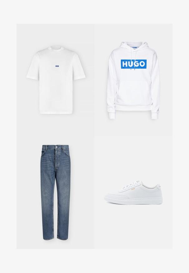 Witte hoodie met een voorste kangaroozak, voorzien van een blauwe rechthoekige grafiek met "HUGO" in vetgedrukte witte letters. Met trekkoorden aan de capuchon.; Wit T-shirt met korte mouwen en een ronde hals met een klein blauw rechthoekig "HUGO"-logo gecentreerd op de borst.; Blauwe denim jeans met rechte pijpen, hoge taille, knoopsluiting aan de voorkant en vijfzakkenontwerp op een effen lichte achtergrond.; Witte leren sneakers met een gladde textuur, ronde neus en tonale stiksels. Voorzien van blauwe veters en een gouden logo op de zijkant.
