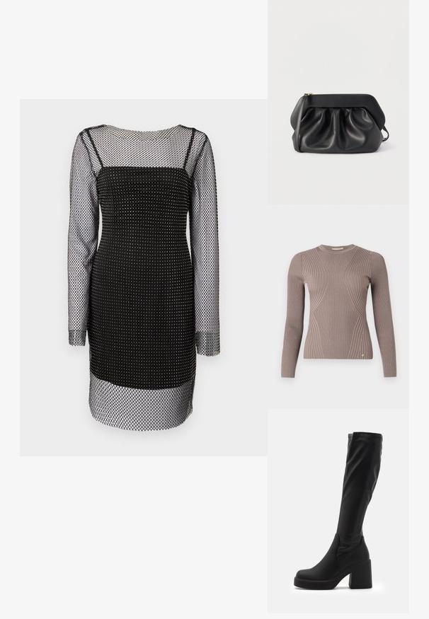 Pull à manches longues en rib léger taupe, avec un design ajusté, des motifs texturés et un petit logo en accent sur l'ourlet.; Robe mini noire avec de longues manches en maille transparente et un corsage ajusté, présentant un motif en grille et des accents métalliques subtils.; Bottes noires montantes en matériau synthétique lisse, dotées d'un épais talon carré et d'un design épuré avec un haut élastiqué.; Pochette en cuir noir avec une structure rigide, des détails froncés et une fine lanière de poignet sur fond blanc.
