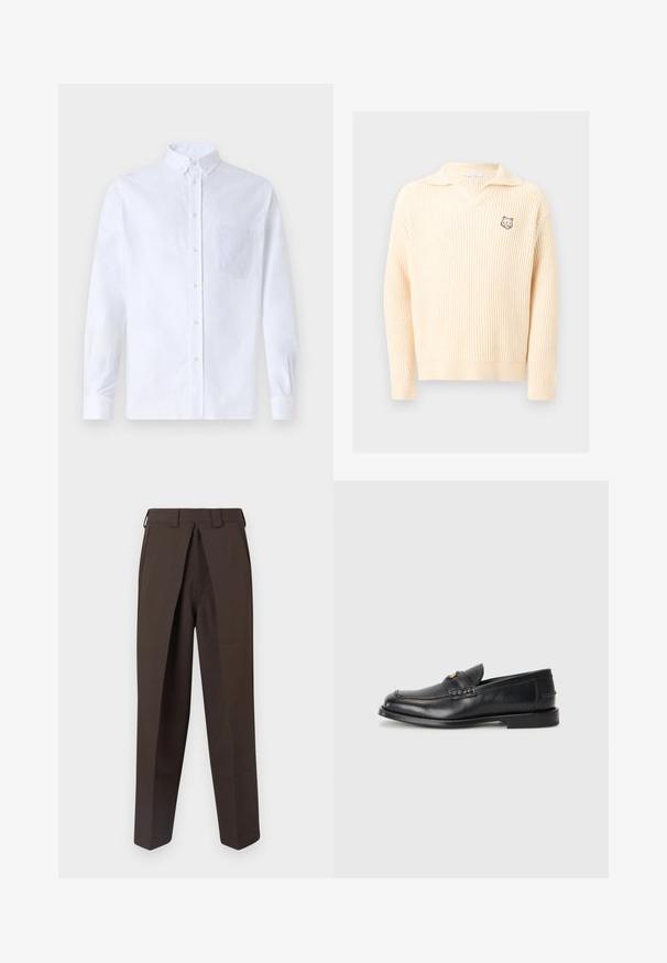 Roomkleurige ribgebreide trui met een kraag en een klein logo van een wolfskop op de linkerborst.; Witte lange mouwen overhemd van katoen, met een borstzak met tonale borduring, een kraag en knopenmanchetten.; BLUEMARBLE WORK PANT - Broek - brown; Zwarte leren instappers met een ronde neus, gestikte details en een kleine gouden accent aan de voorkant. De zool is plat en discreet.