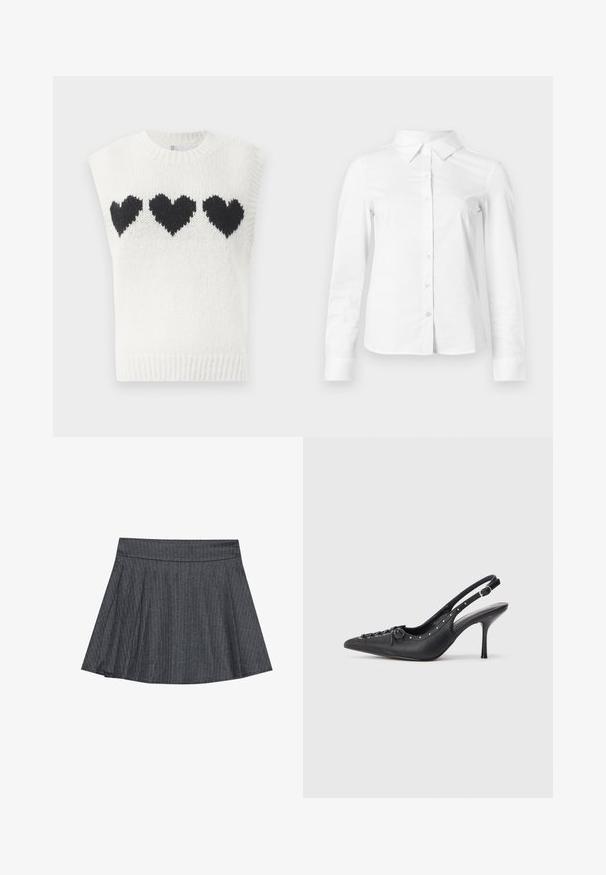Hvid strikket ærmeløs sweater med tre sorte hjerter på brystet. Ribbet halsudskæring og kant med struktureret stof.; Hvid skjorte med lange ærmer, knapper, spids krave, lige kant og tætsiddende silhuet, vist på en ensartet lys baggrund.; Grå stribede skater nederdel med en tætsiddende talje, udformet i A-linje og en blød stofstruktur. Lodrette linjer øger den visuelle interesse.; Sorte læder slingback stiletto med spids tå, side spændebånd, nitter langs kanten og dekorativ snøring foran.