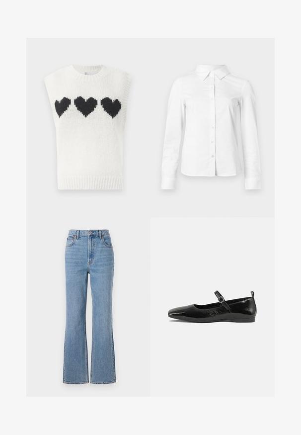 Hvid strikket ærmeløs sweater med tre sorte hjerter på brystet. Ribbet halsudskæring og kant med struktureret stof.; Hvid skjorte med lange ærmer, knapper, spids krave, lige kant og tætsiddende silhuet, vist på en ensartet lys baggrund.; Abercrombie & Fitch FRONT TO BACK TONAL STRAIGHT - Jeans Relaxed Fit - blue denim; Sorte patentlæder flade sko med spidse tæer, en ankelrem med spænde og en glat, blank tekstur. Lav hæl for komfort.
