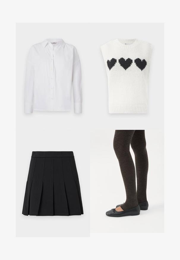 Hvid strikket ærmeløs sweater med tre sorte hjerter på brystet. Ribbet halsudskæring og kant med struktureret stof.; Hvid skjorte med knapper, lavet af bomuld, med lange ærmer, klassisk krave og subtile syningsdetaljer.; Sort plisseret nederdel lavet af et glat materiale. Har en bred linning og flere knivfolder, der går lodret.; Ben iført mørke ribbede leggings kombineret med sorte balletsko med små sløjfedetaljer på hvid baggrund.