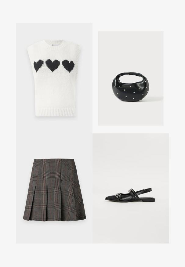 Hvid strikket ærmeløs sweater med tre sorte hjerter på brystet. Ribbet halsudskæring og kant med struktureret stof.; Gråternet nederdel med plisseringer, prydet med intrikate mønstre i sort og hvid, akkompagneret af tynde røde linjer. Fremstillet af et struktureret stof.; Even&Odd Slingback-ballerinasko - black; Sort læderhåndtaske med en rundet form, dekoreret med sølvnitter, og et kort håndtag. Glat tekstur og lynlåslukning.
